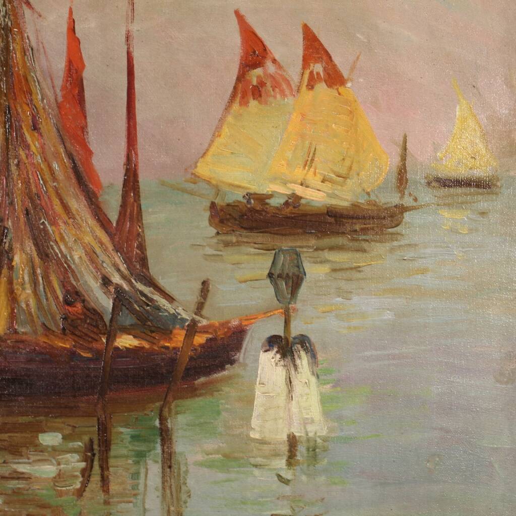 Signed painting and dated seascape with boats from the 20th century