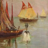 Signed painting and dated seascape with boats from the 20th century