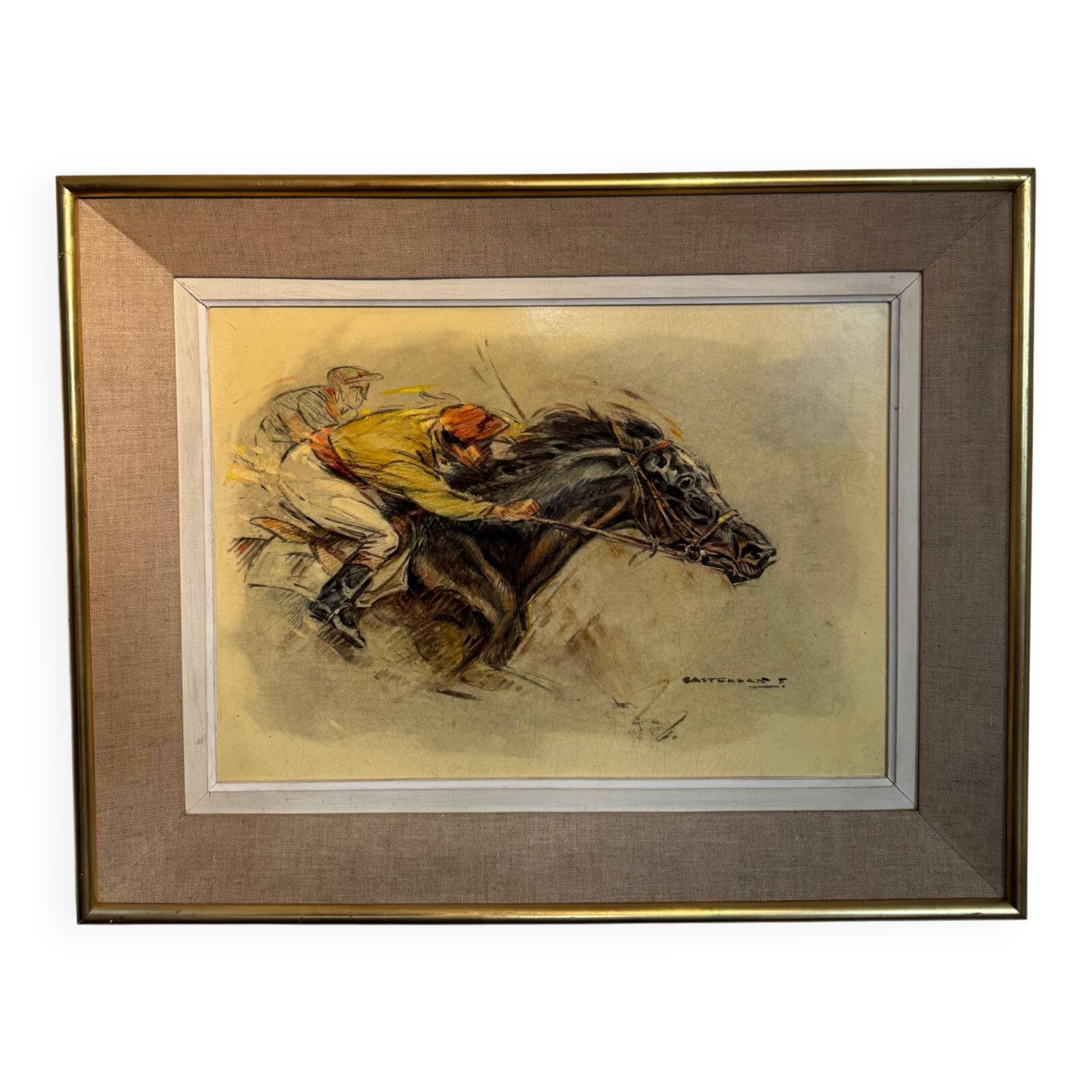 Old painting, horse scene, signed F Castellan, early 20th century