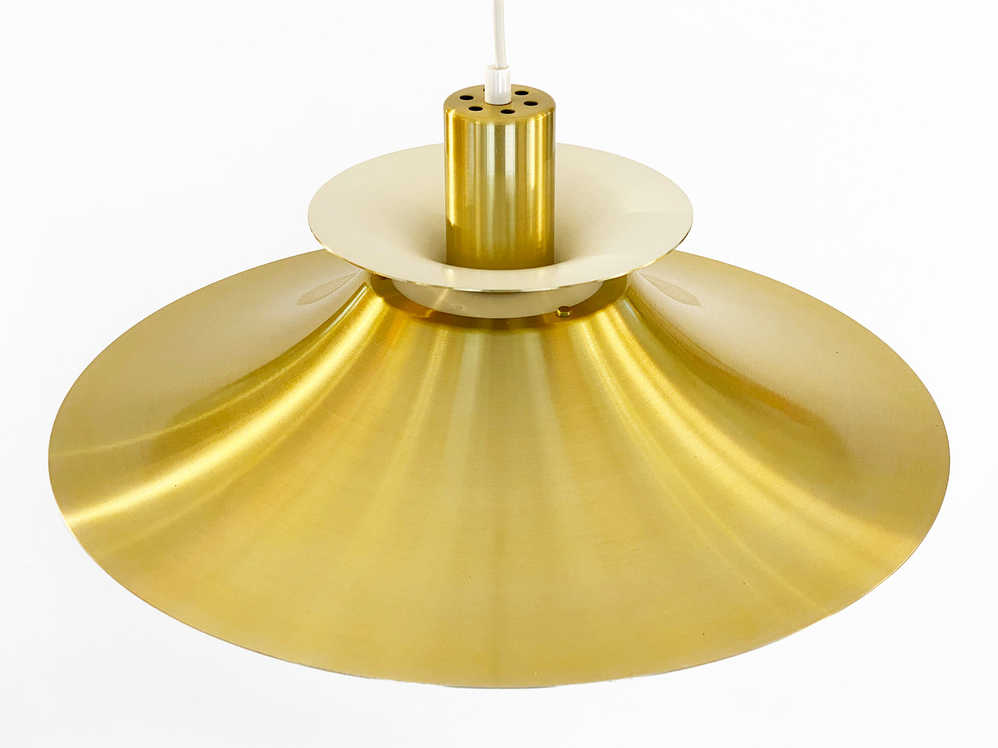Golden colored aluminum pendant light from Frandsen Lighting. Denmark 1970s