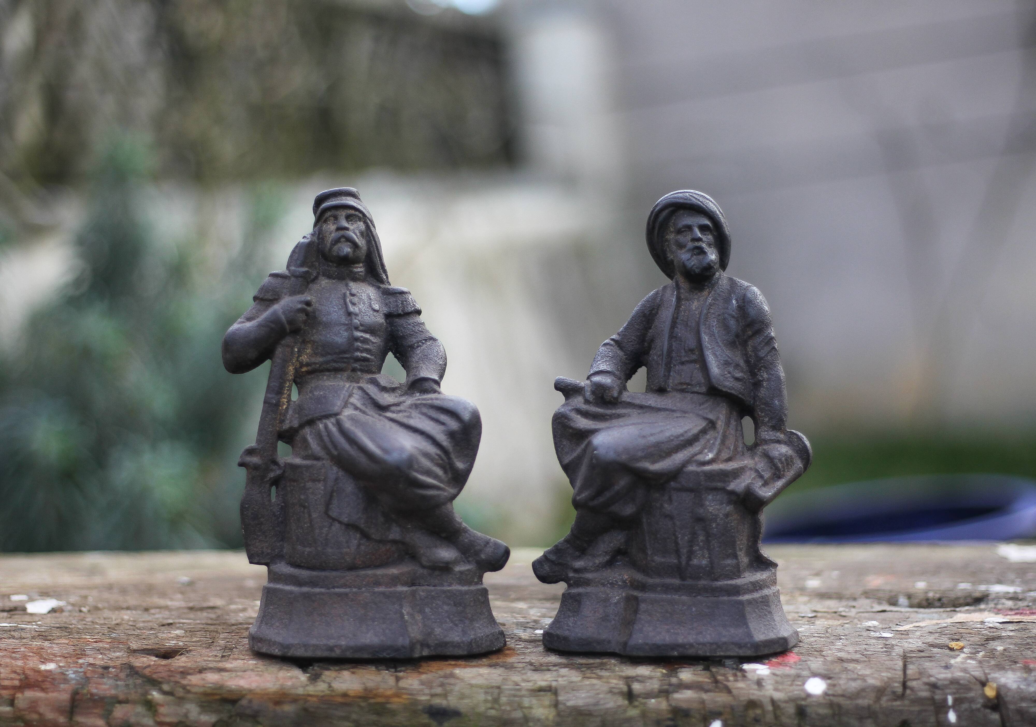 Pair of vintage fireplace andirons, anthropomorphic andirons, fireplace accessories