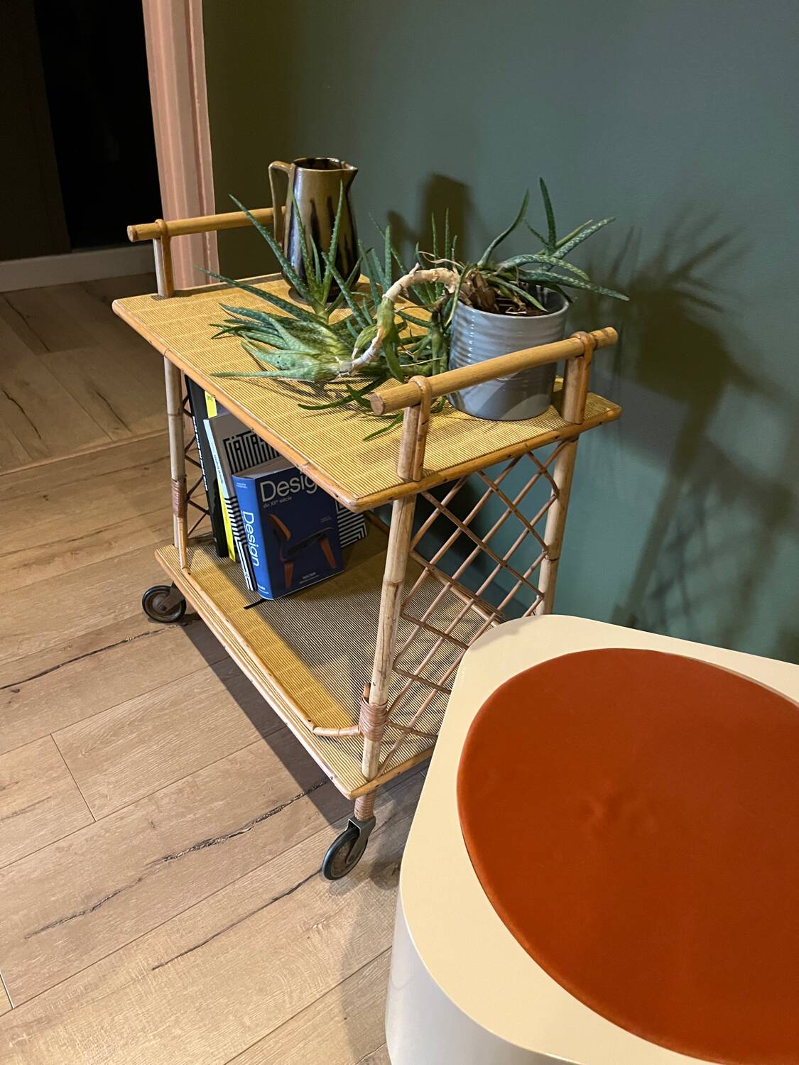 Rolling side table, serving cart, vintage rattan and wicker 60.