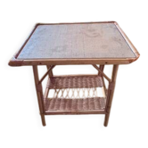 Table de chevet vintage en bambou et rotin avec plateau décoratif