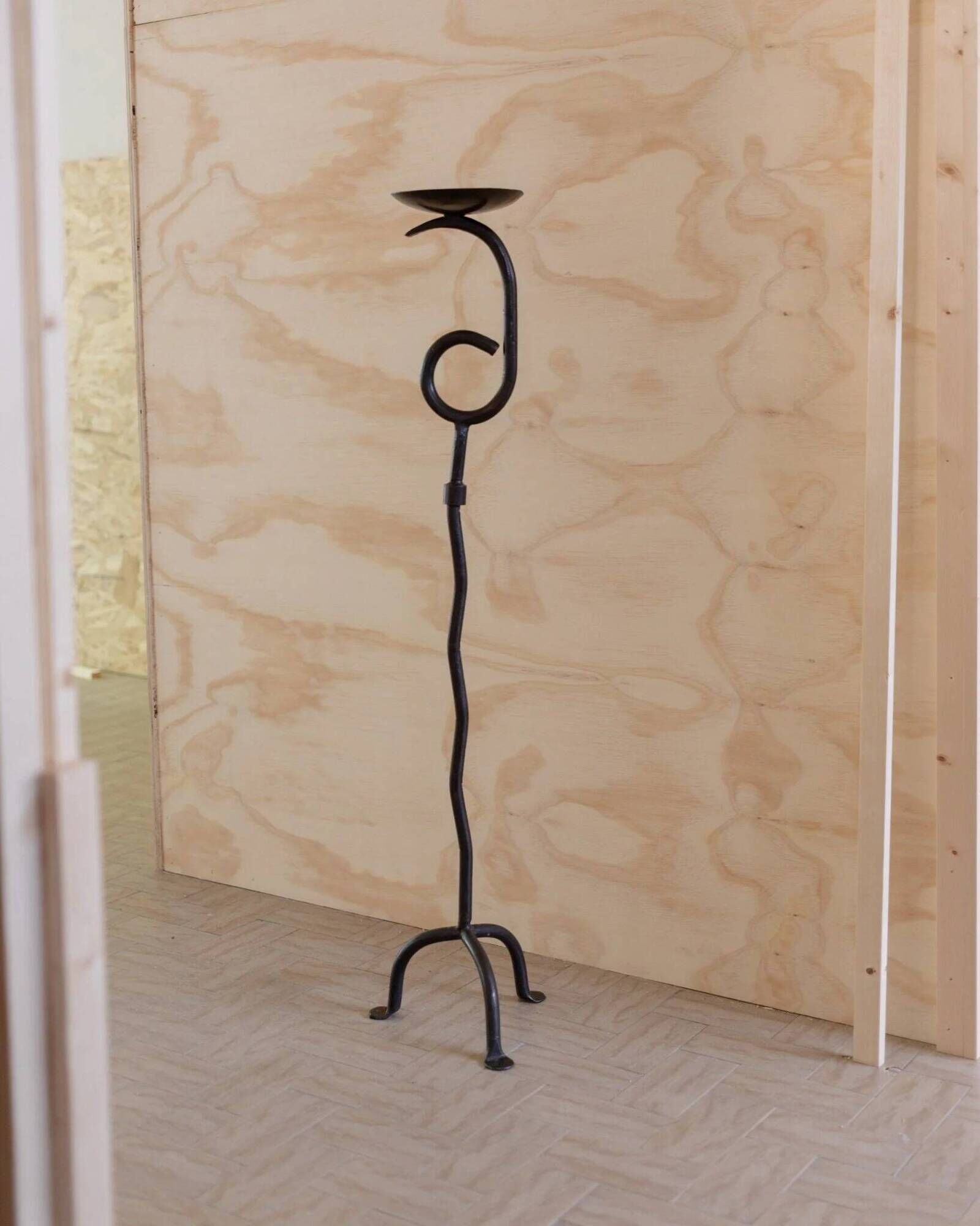XXL vintage hand-forged iron candlestick, black iron, brutalist wave design, Made in Italy 1970s