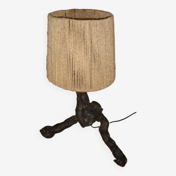 Brutalist lamp in vine stock and vintage rope or fabric lampshade