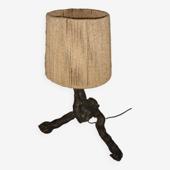 Lampe brutaliste en cep de vigne et abat jour corde ou tissu vintage