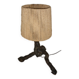 Brutalist lamp in vine stock and vintage rope or fabric lampshade