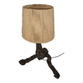 Lampe brutaliste en cep de vigne et abat jour corde ou tissu vintage