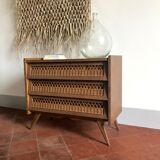 Vintage wood and rattan chest of drawers