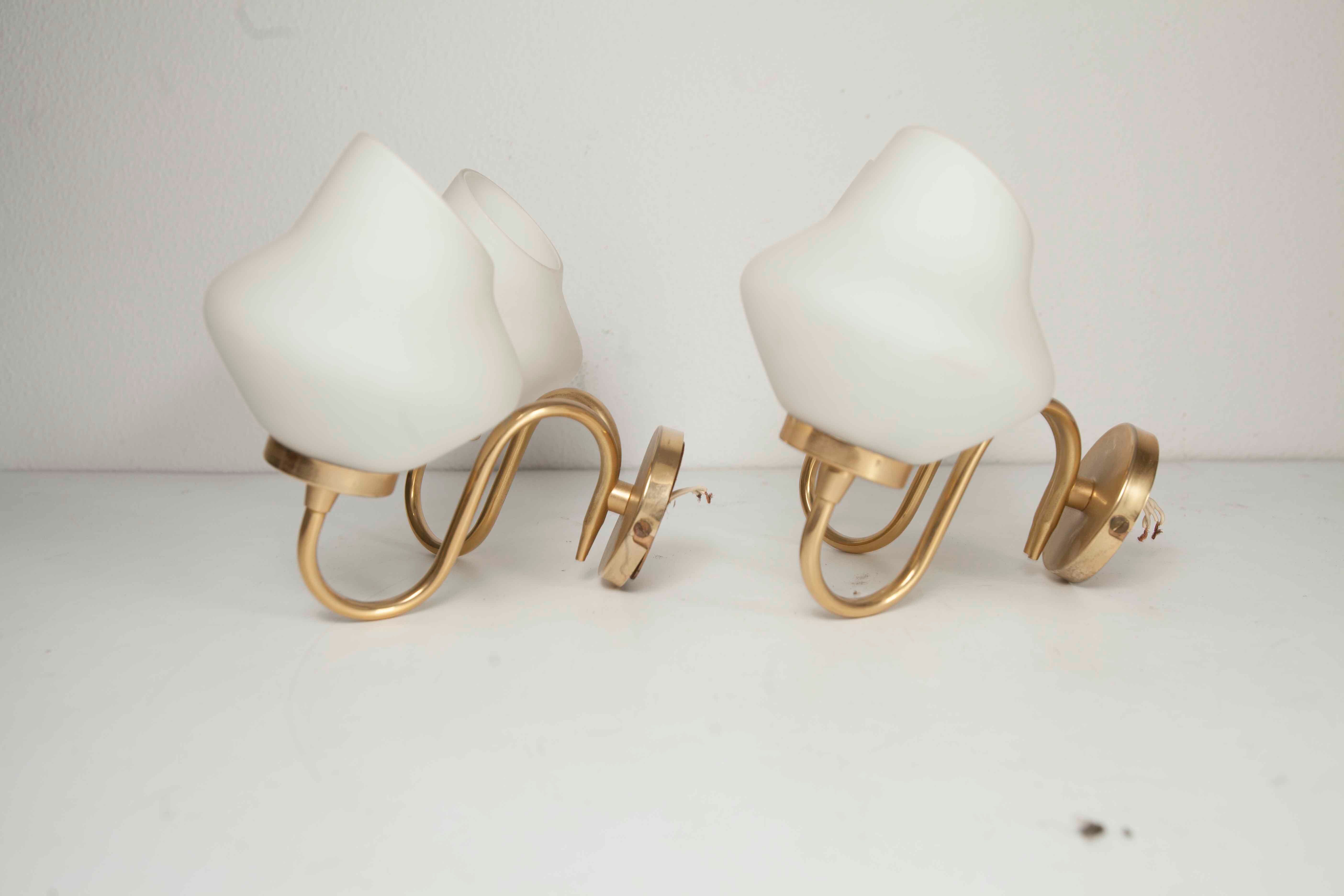 Pair of 60s brass and opaline sconces