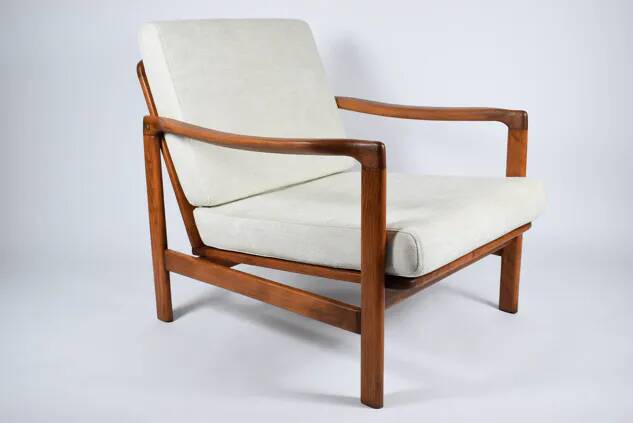 Scandinavian armchair in teak and cream fabric by Baczyk, 1960s, restored.