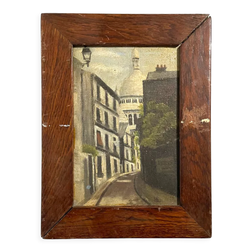Peinture à l’huile sur panneau, Rue de Montmartre avec la Basilique du Sacré-Cœur à Paris 1920