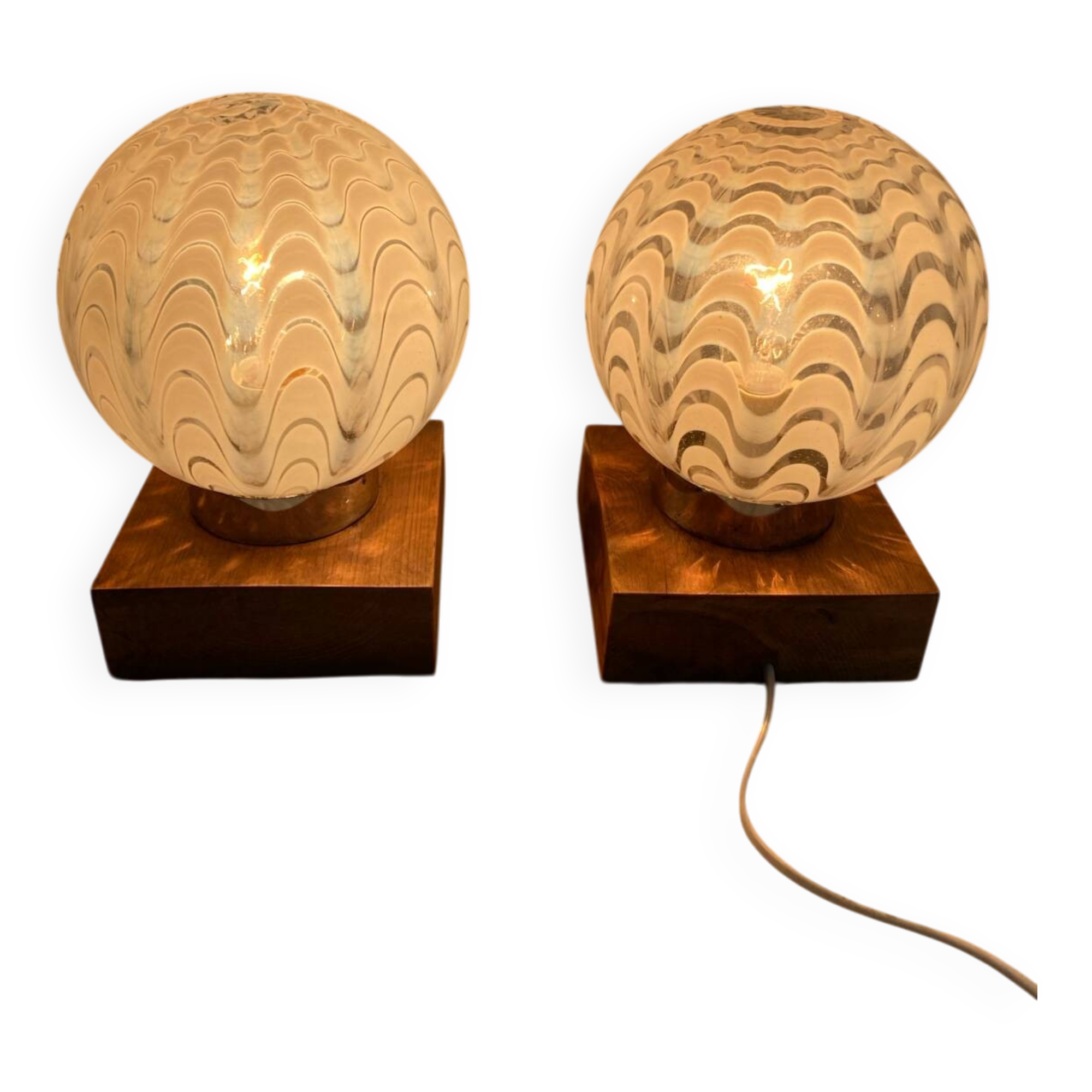 Pair of vintage 80s glass globe table lamps with wooden base