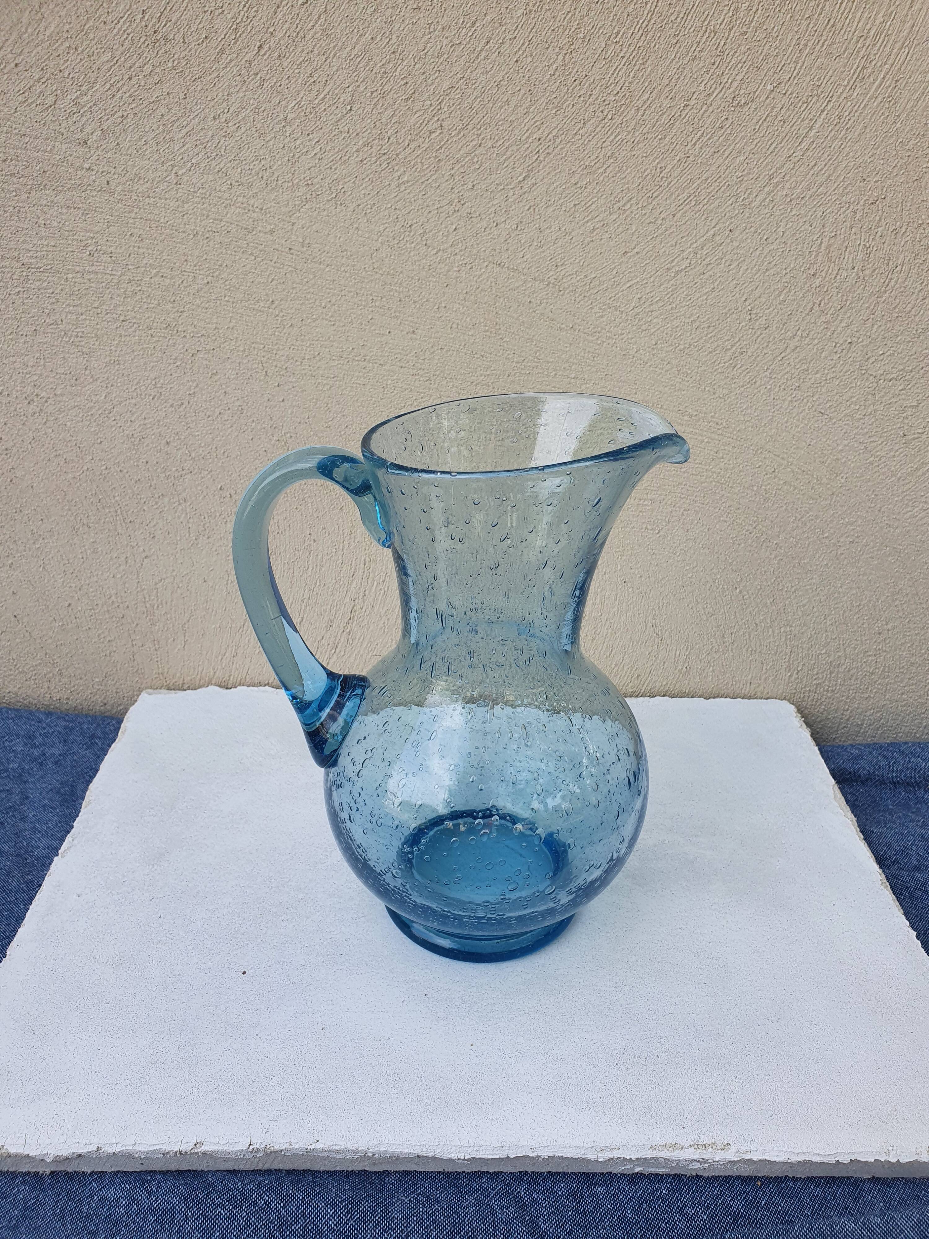 Pitcher or carafe in bubbled glass biot light blue