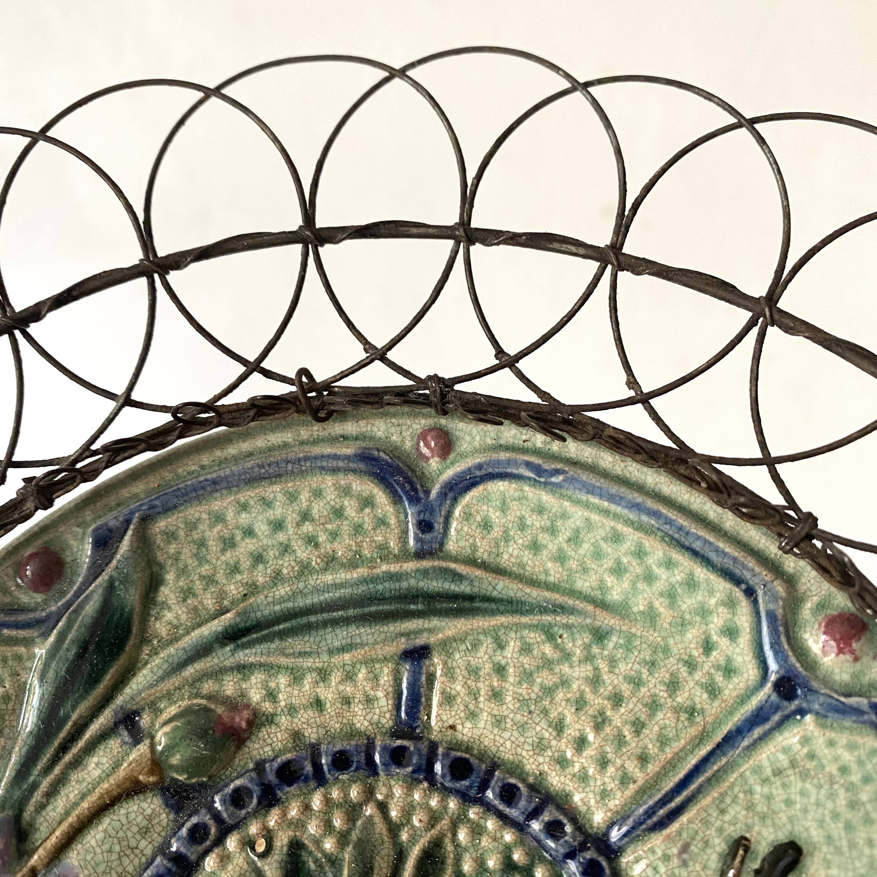 Antique barbotine and wire dish, 19th century