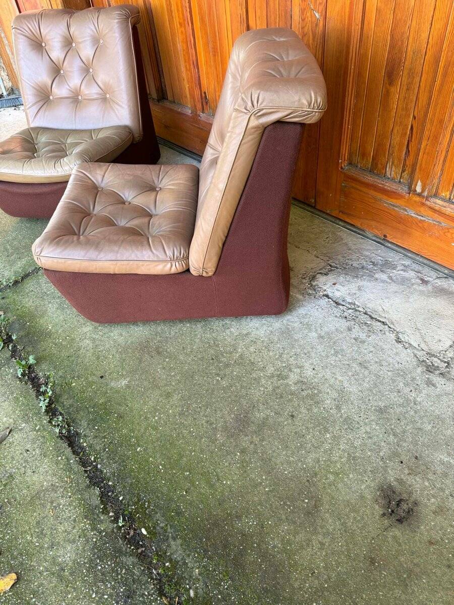 Pair of Mid-Century armchairs in brown leather and fabric, 1960s, Czech Republic.