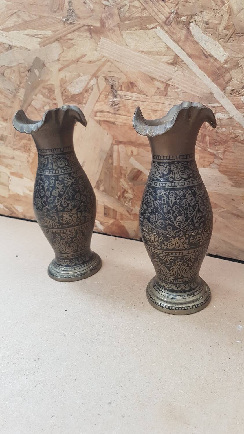 Pair of vintage painted black decor brass vase