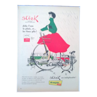 Publicité papier marque  Stick  tergal  sous la pluie vélo femme issue revue d'époque