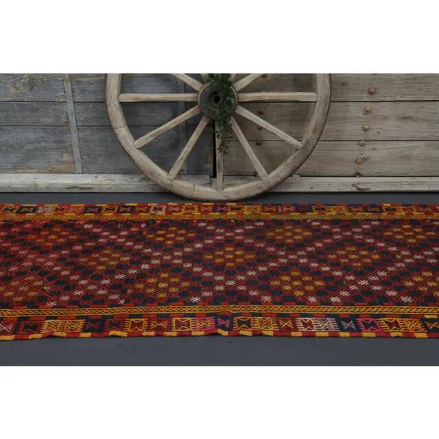 Vintage Turkish Oushak Handmade Wool Cotton Red Runner Rug 115x470