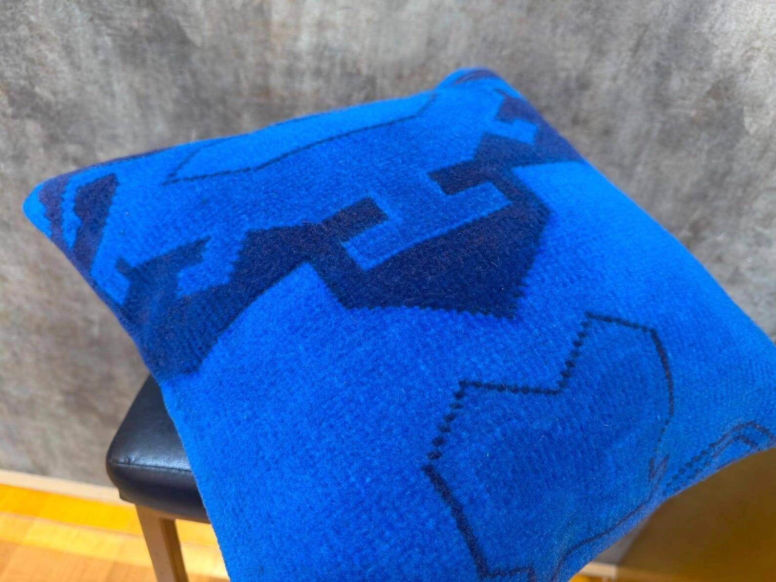 Blue Tribal Totem Rug Pillow, 16x16 Anatolian Wool Cushion