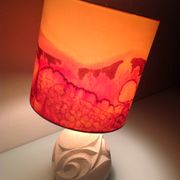 Ovoid lamp in carved stone and printed lampshade / vintage 60-70s