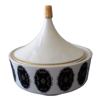 White porcelain sugar bowl with blue and gold motifs. Stamped Echt Kobalt - Made in GDR.