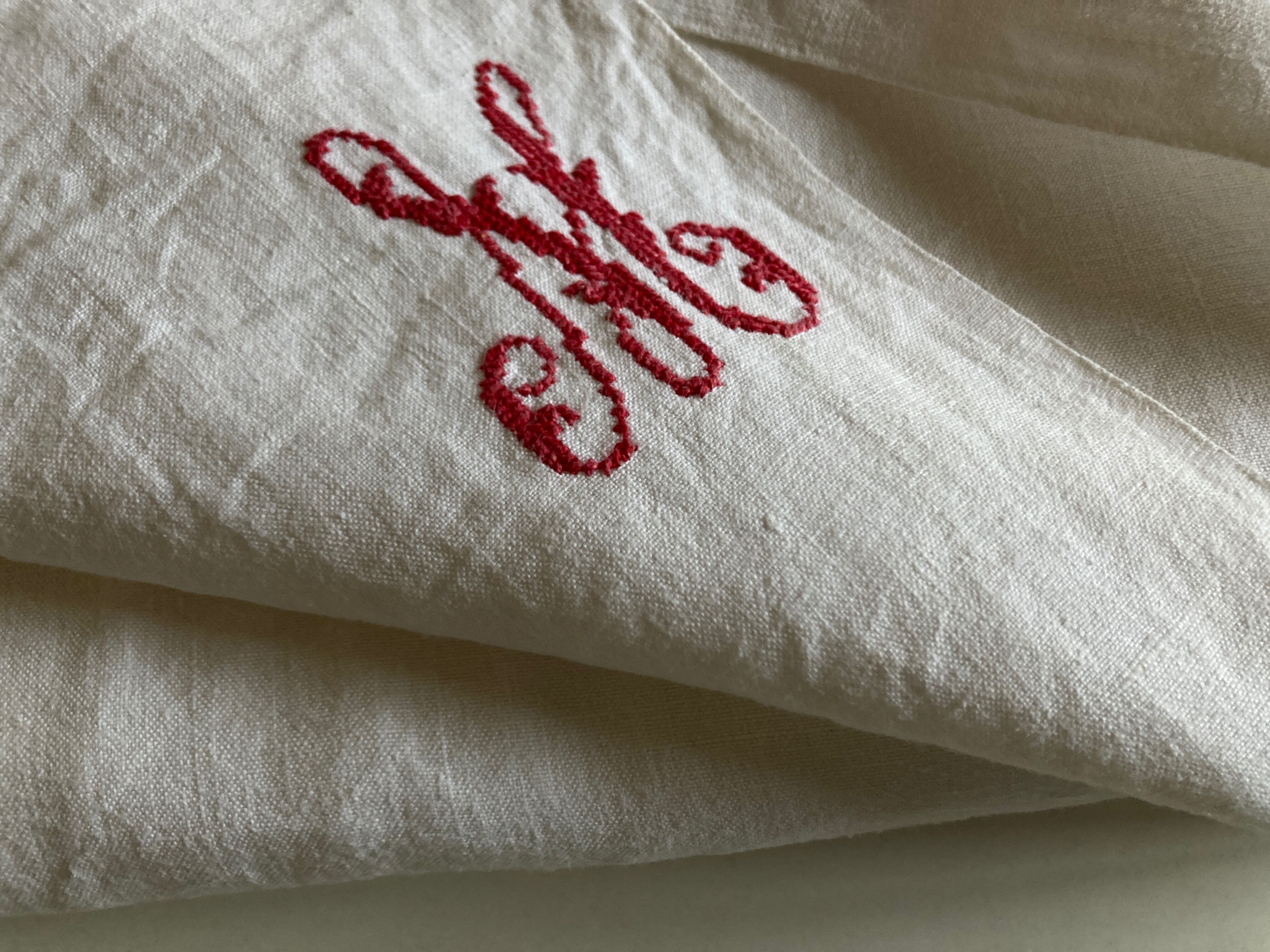 19th century embroidered linen thread tablecloth embroidered red