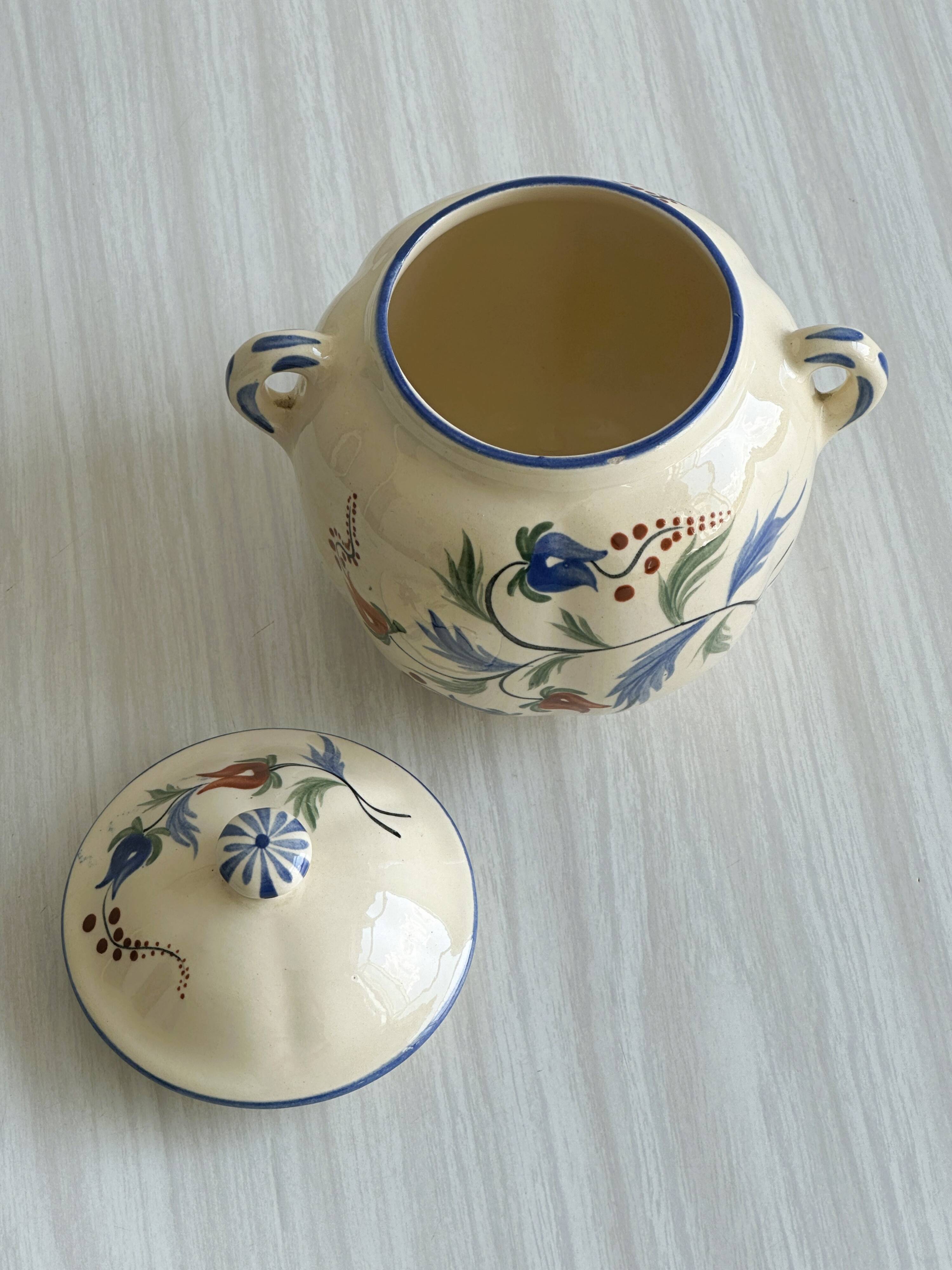 Ceramic condiment pot, hand painted sugar pot