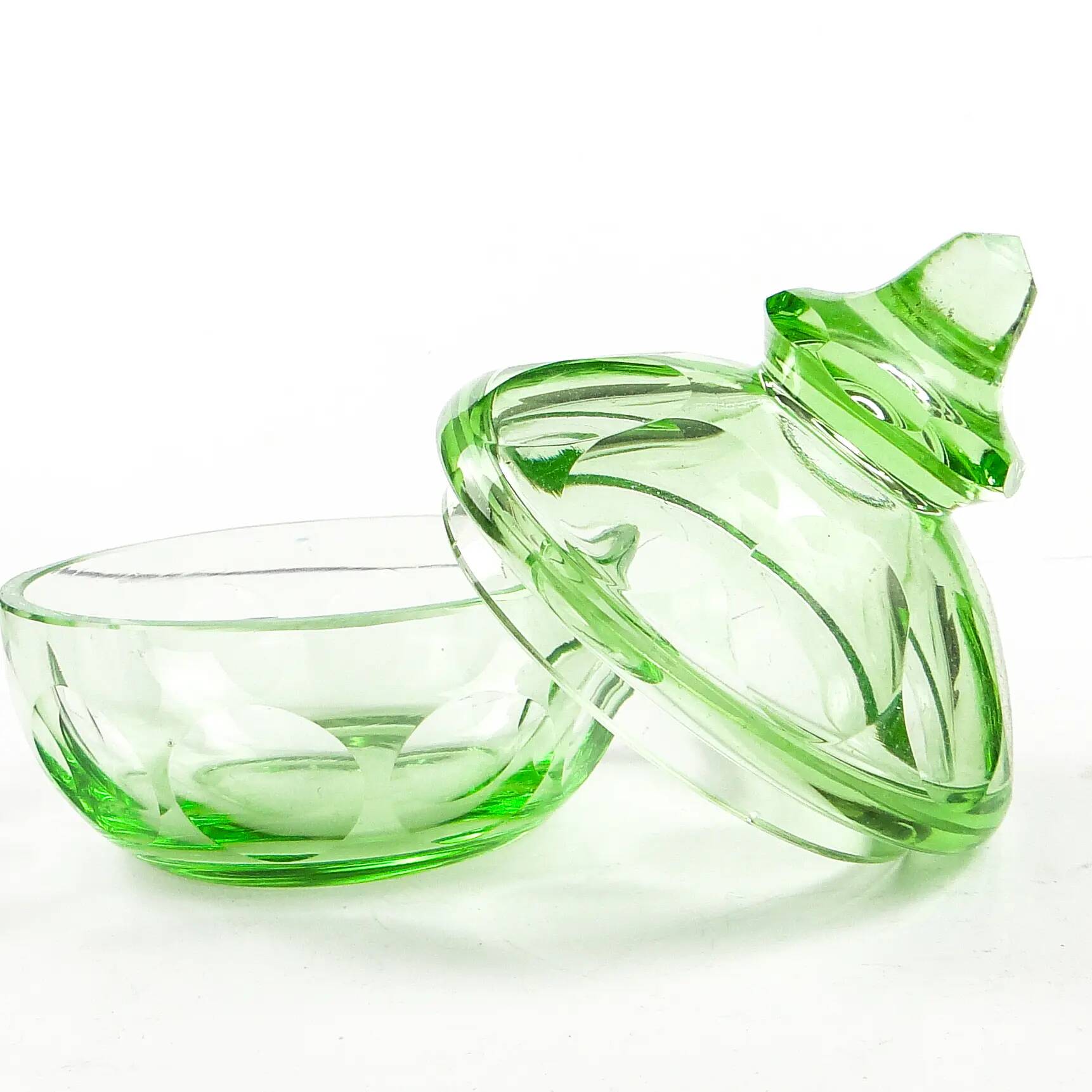 Art Deco bonbonniere, green crystal, Moser, Czechoslovakia, 1930s