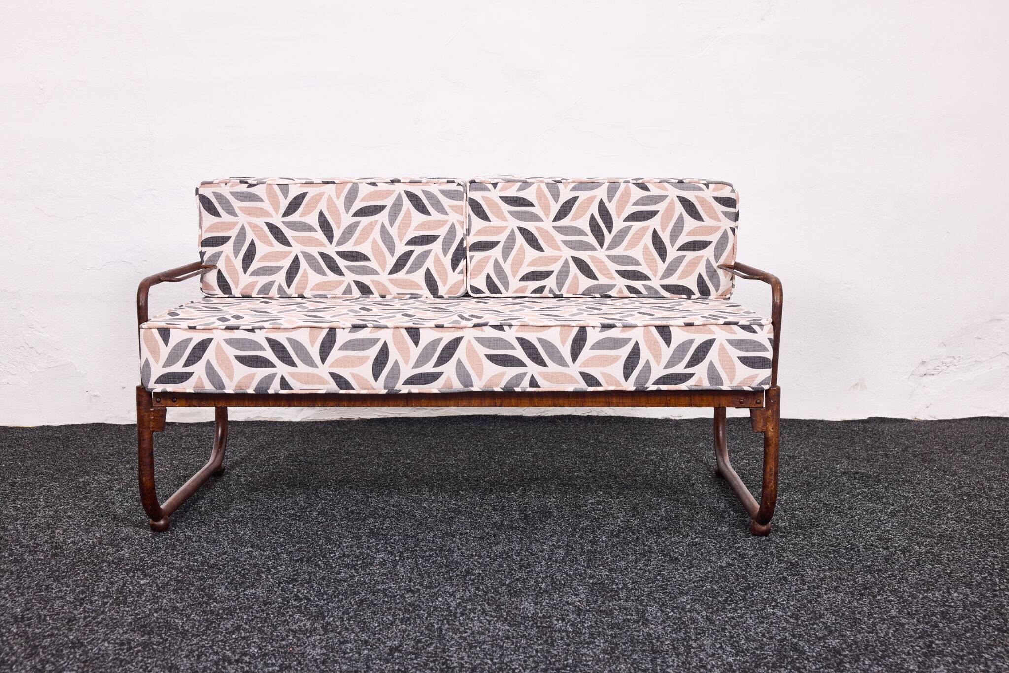 Bauhaus-style tubular steel sofa with hand-paint veneer pattern, 20s