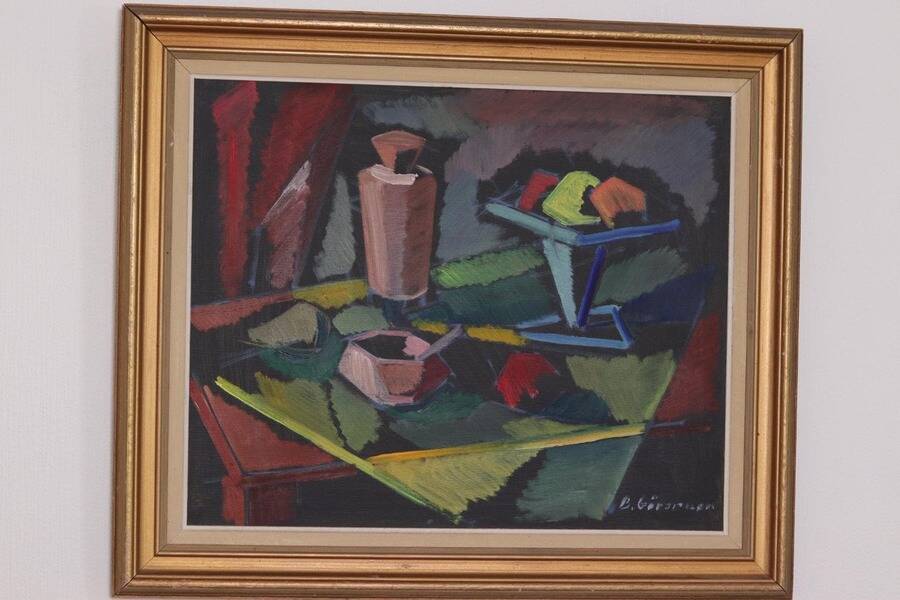 Original mid-century Swedish oil on canvas – “Kubisk Still Life” by Bror Göransson – vintage & framed – 75 × 64 cm (29.5" × 25.2")