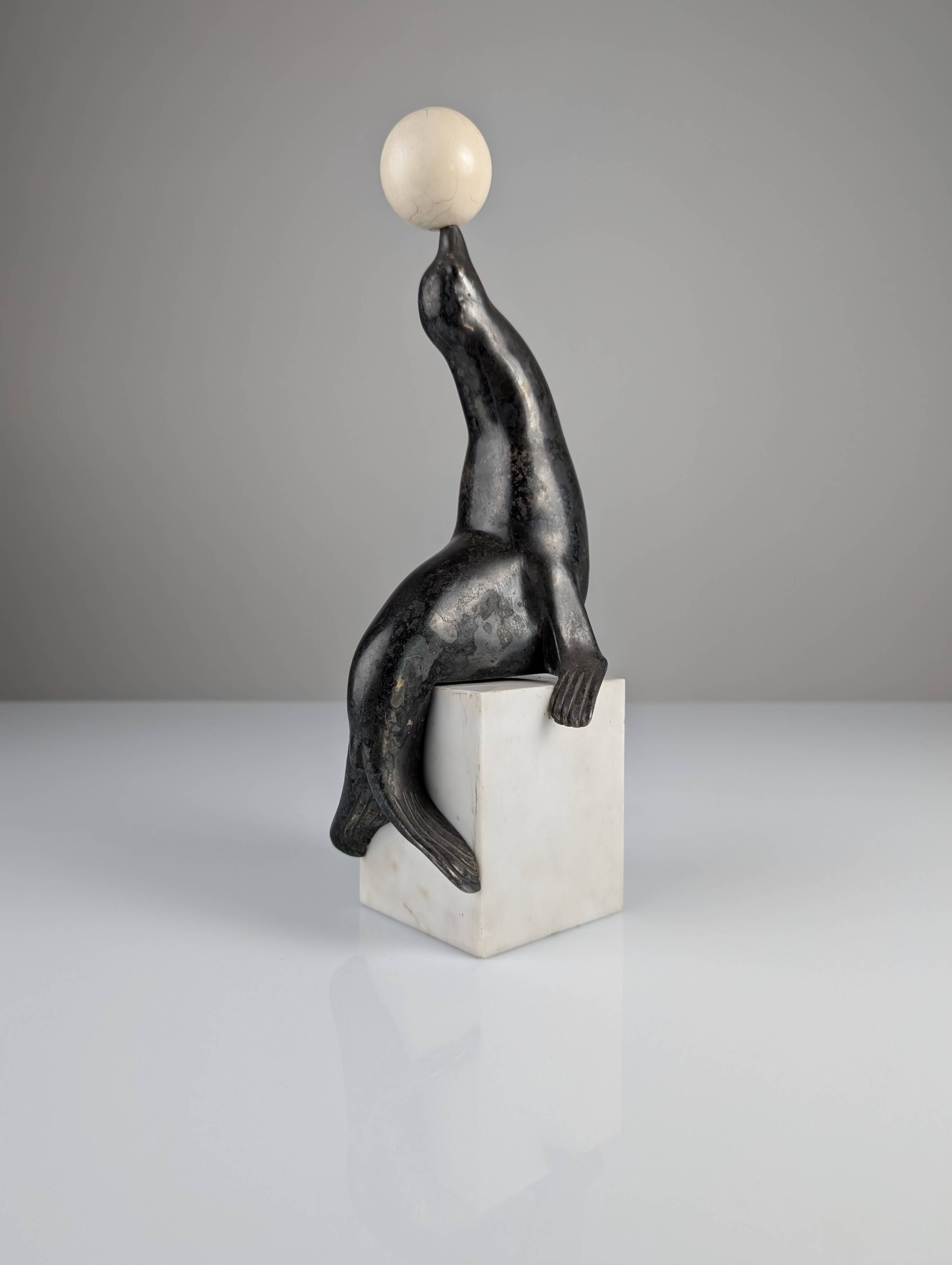 Art Deco Chryselephantine Sculpture Sea Lion att. Marcel-André Bouraine, 1900s