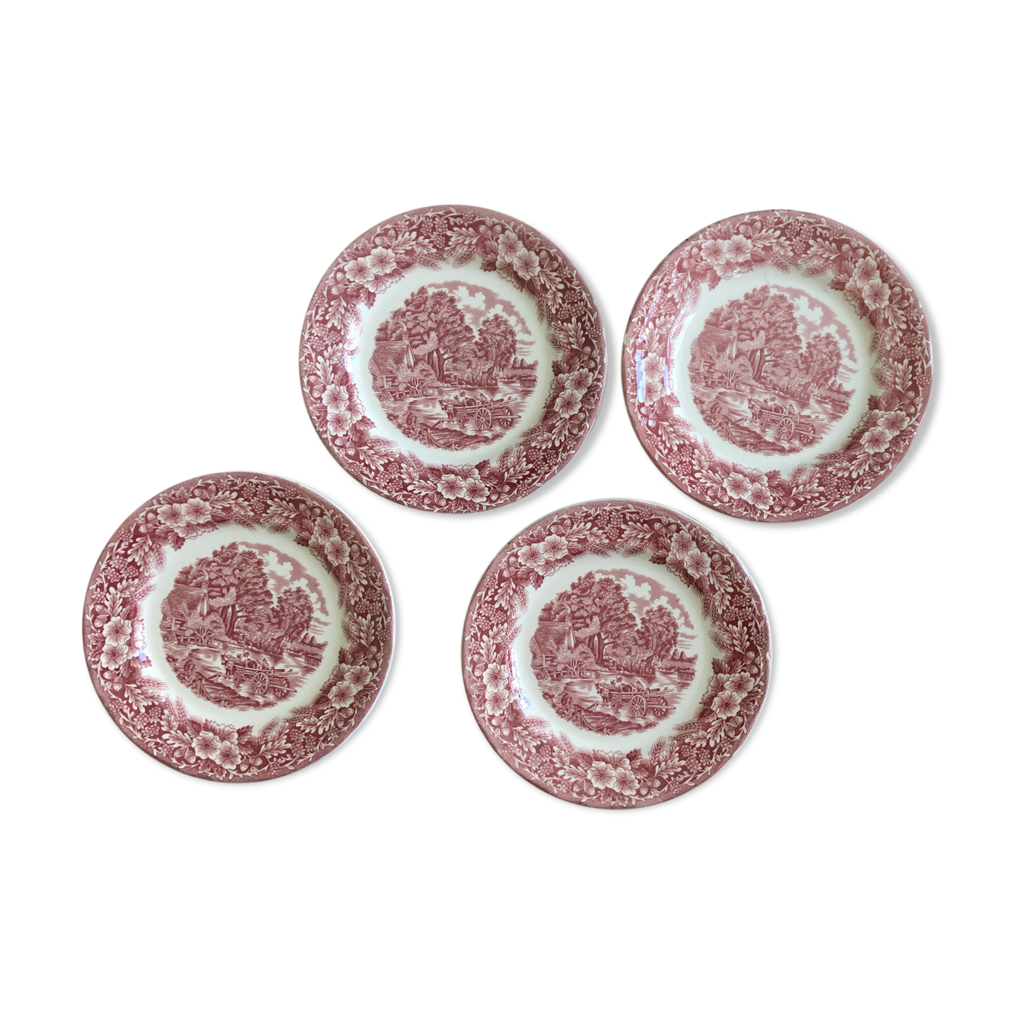 4 red vintage dessert plates