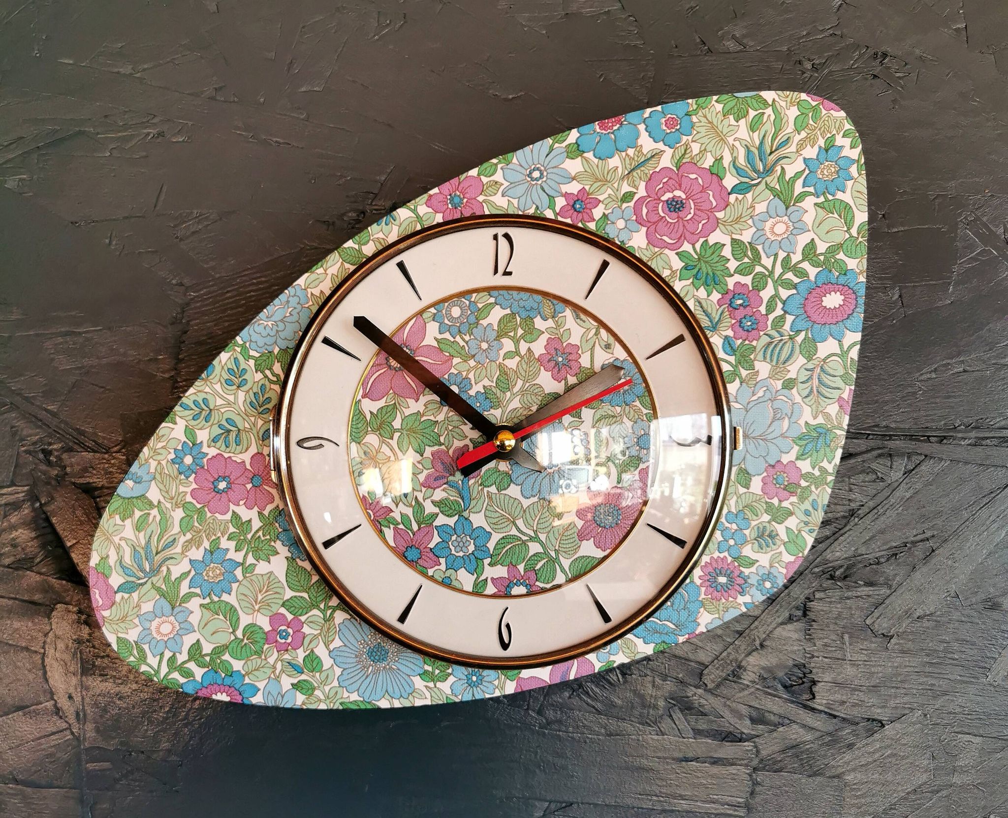 Vintage formica clock silent asymmetrical wall pendulum "Flowered blue purple"
