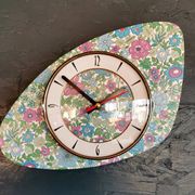 Vintage formica clock silent asymmetrical wall pendulum "Flowered blue purple"