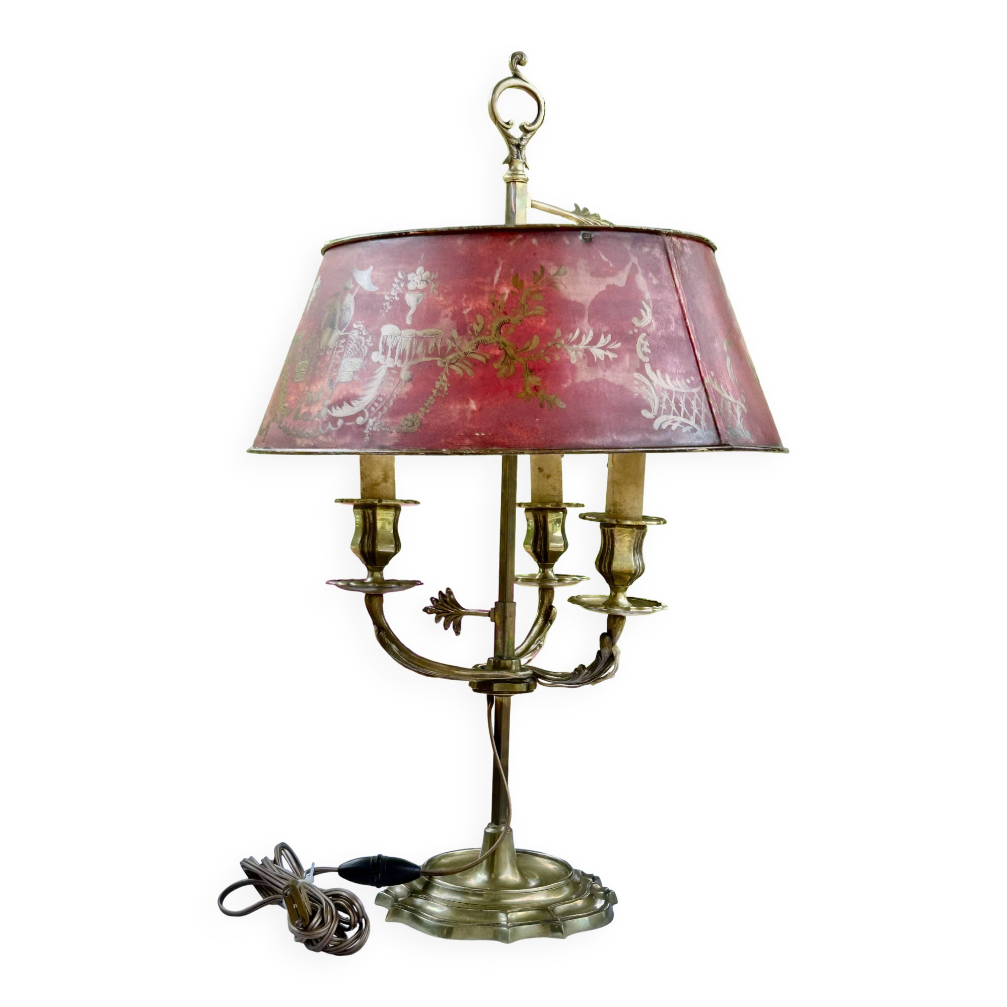 Bronze-gilt bouillotte lamp XIXth century with a tin shade featuring Japonese decoration.