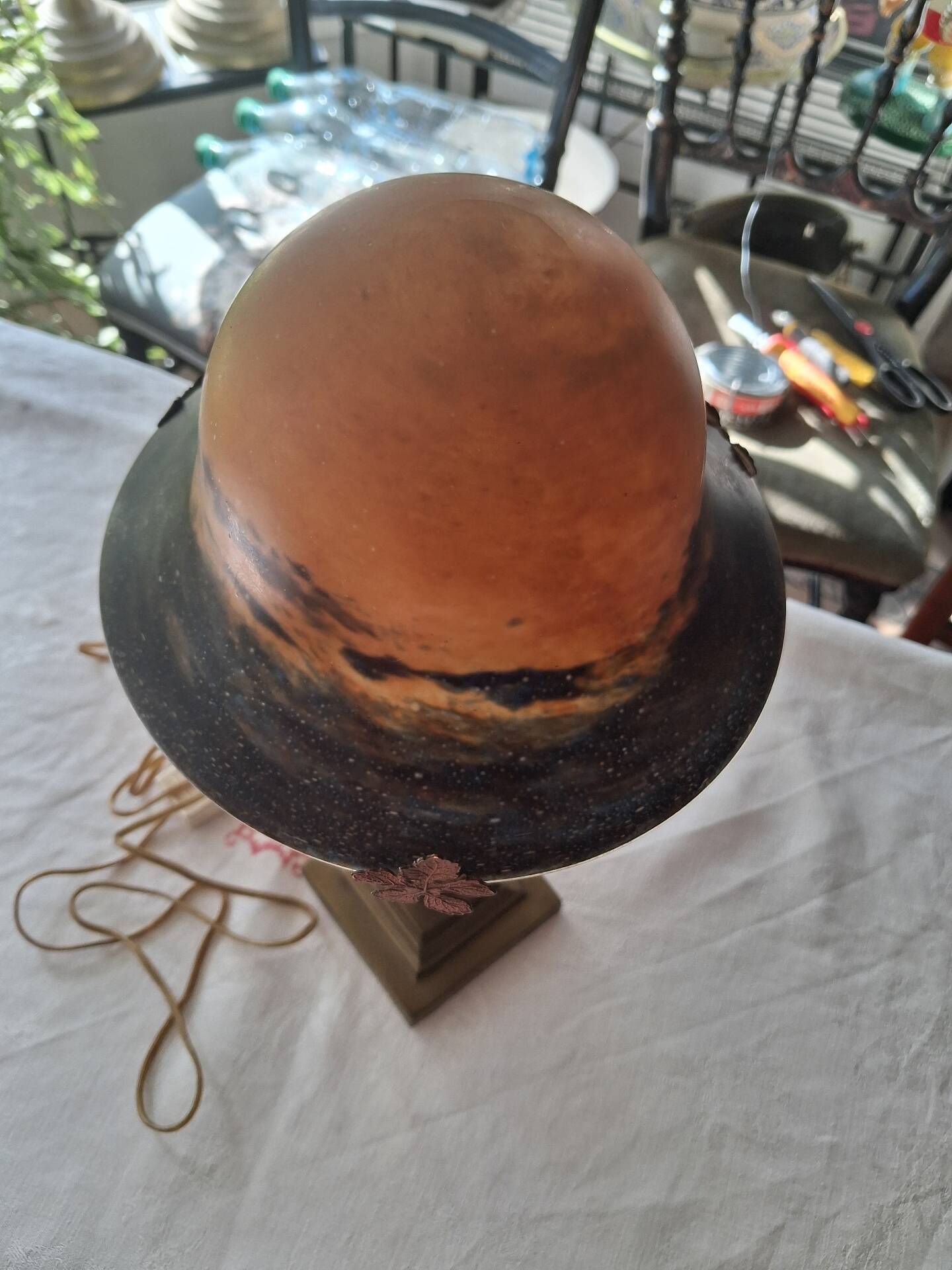 Mushroom lamp in glass paste and bronze Art Nouveau