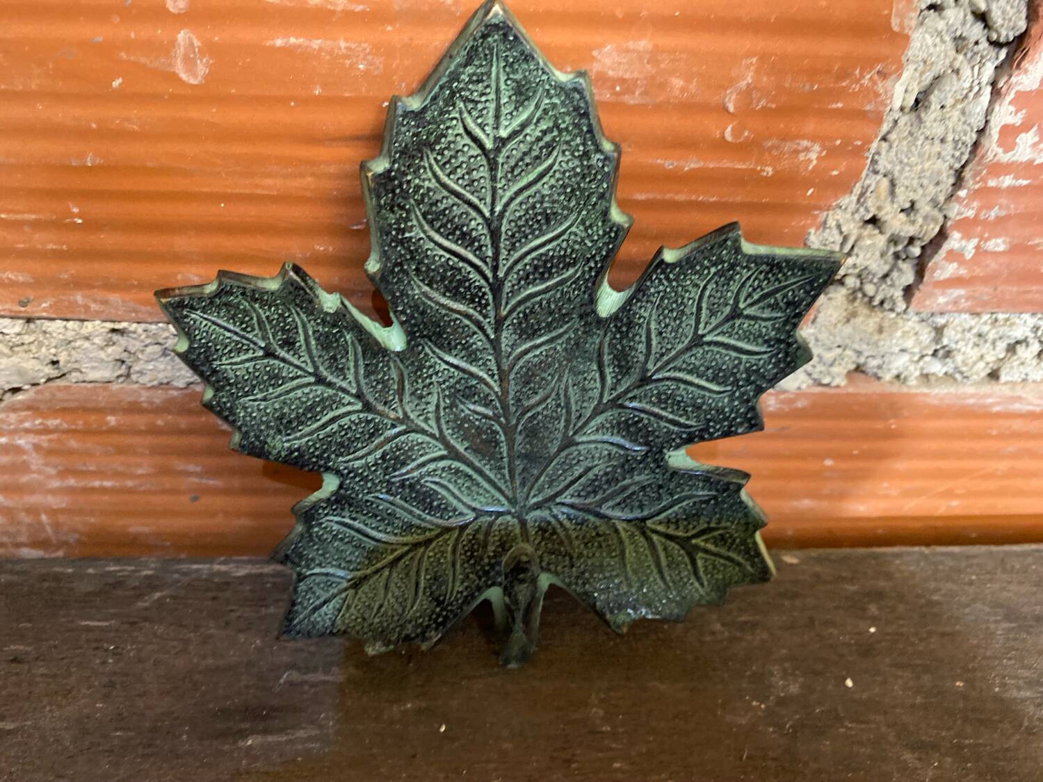 Vintage Greenish-Gray Metal Leaf-Shaped Empty Pocket Bowl