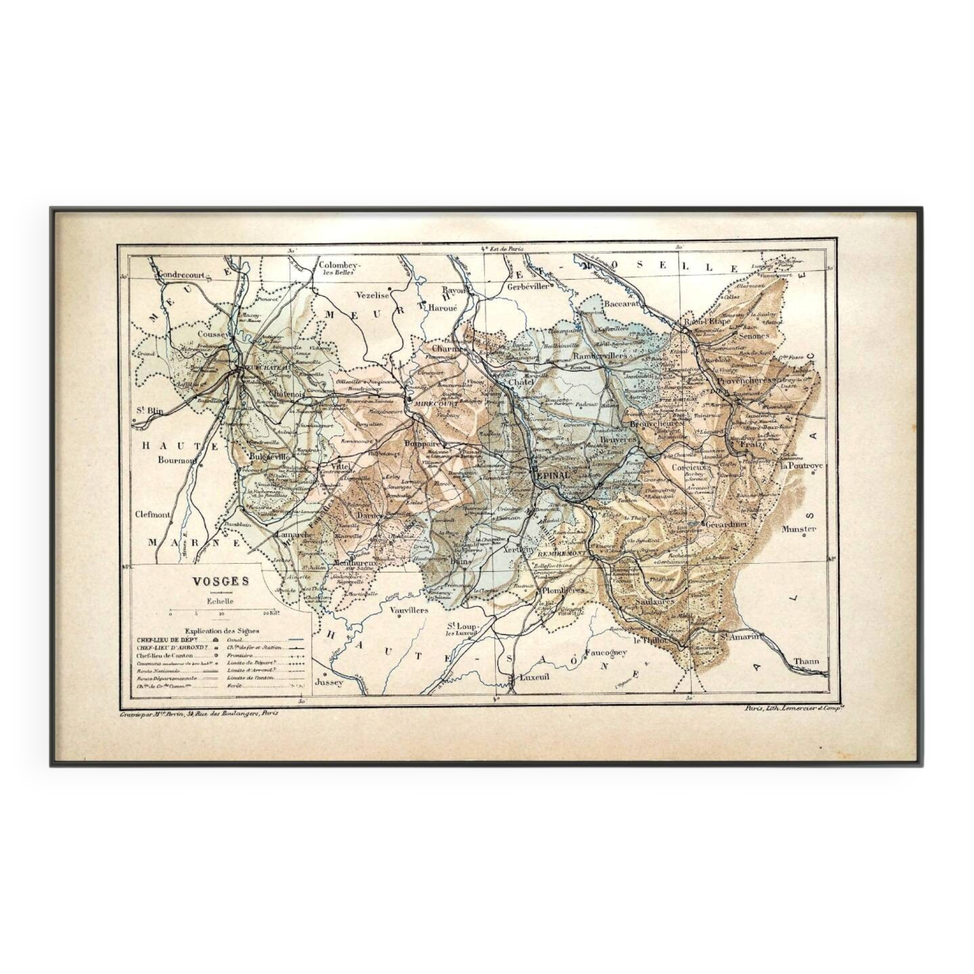 Map of the Vosges, France. Printed antiquity in 1889.