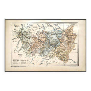 Map of the Vosges, France. Printed antiquity in 1889.