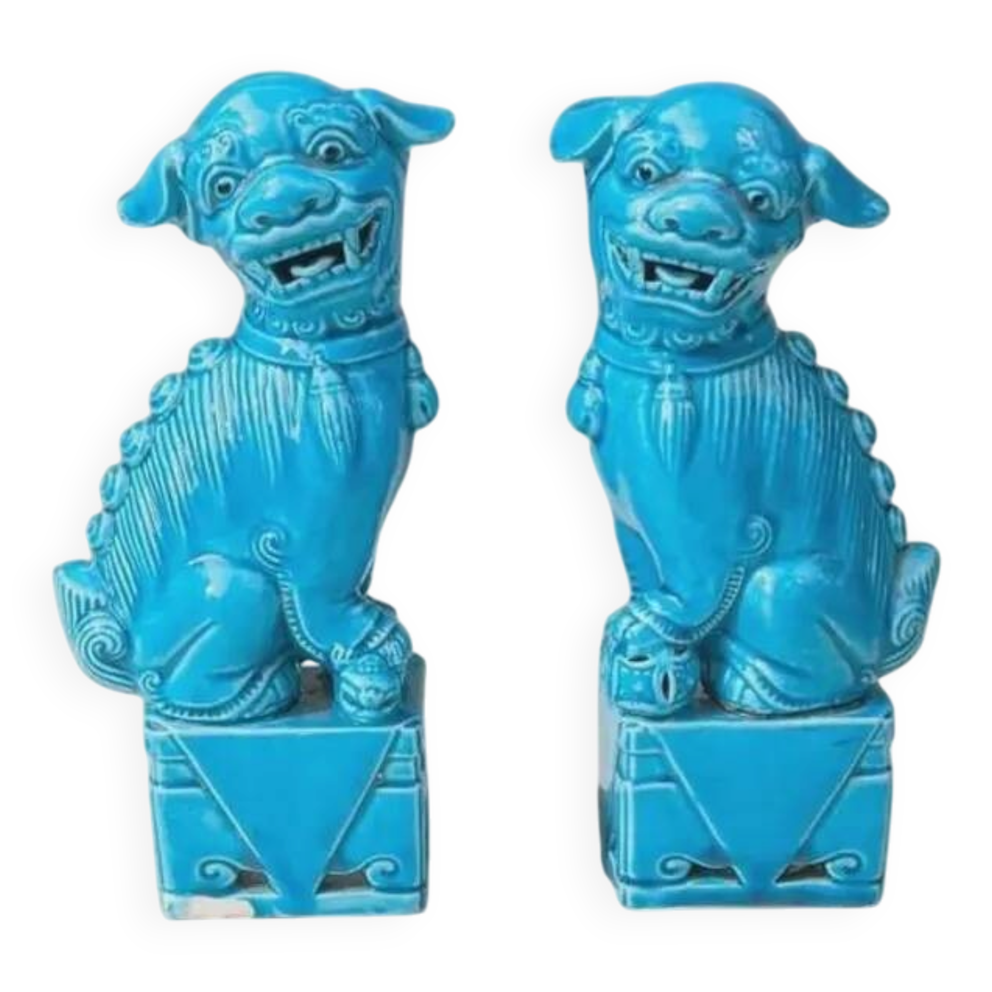 Pair of blue Fô dogs - glazed ceramic - Chinese blue - Mid 20th century