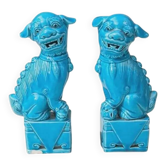 Paire de Chiens de Fô bleu - céramique émaillée chinois bleu - Milieu XXème