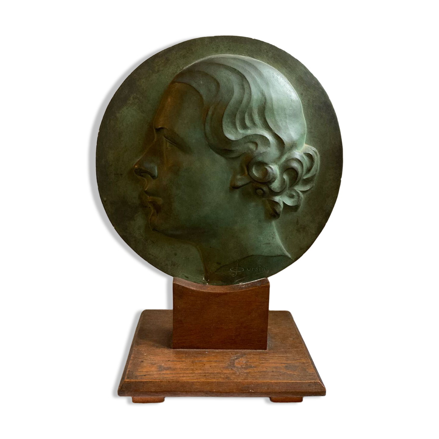 Sculpture médaillon profil plâtre patiné