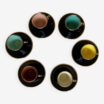Lot de 6 tasses à café thé en faïence noire et couleur et or art de la table vintage ACC-7127