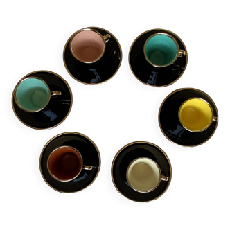 Set of 6 coffee tea cups in black and colored earthenware and gold vintage tableware ACC-7127