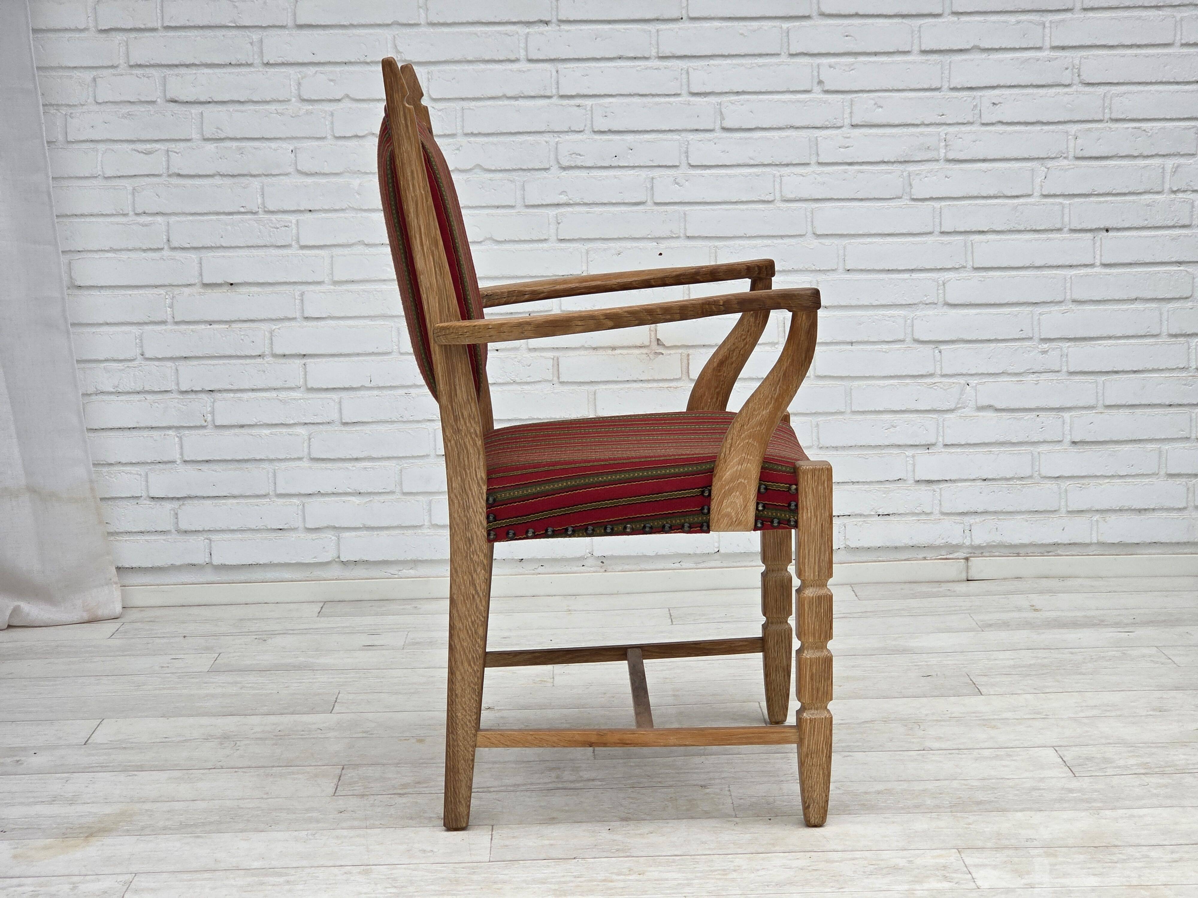 1970s, Danish armchair, striped red furniture wool, solid oak wood.