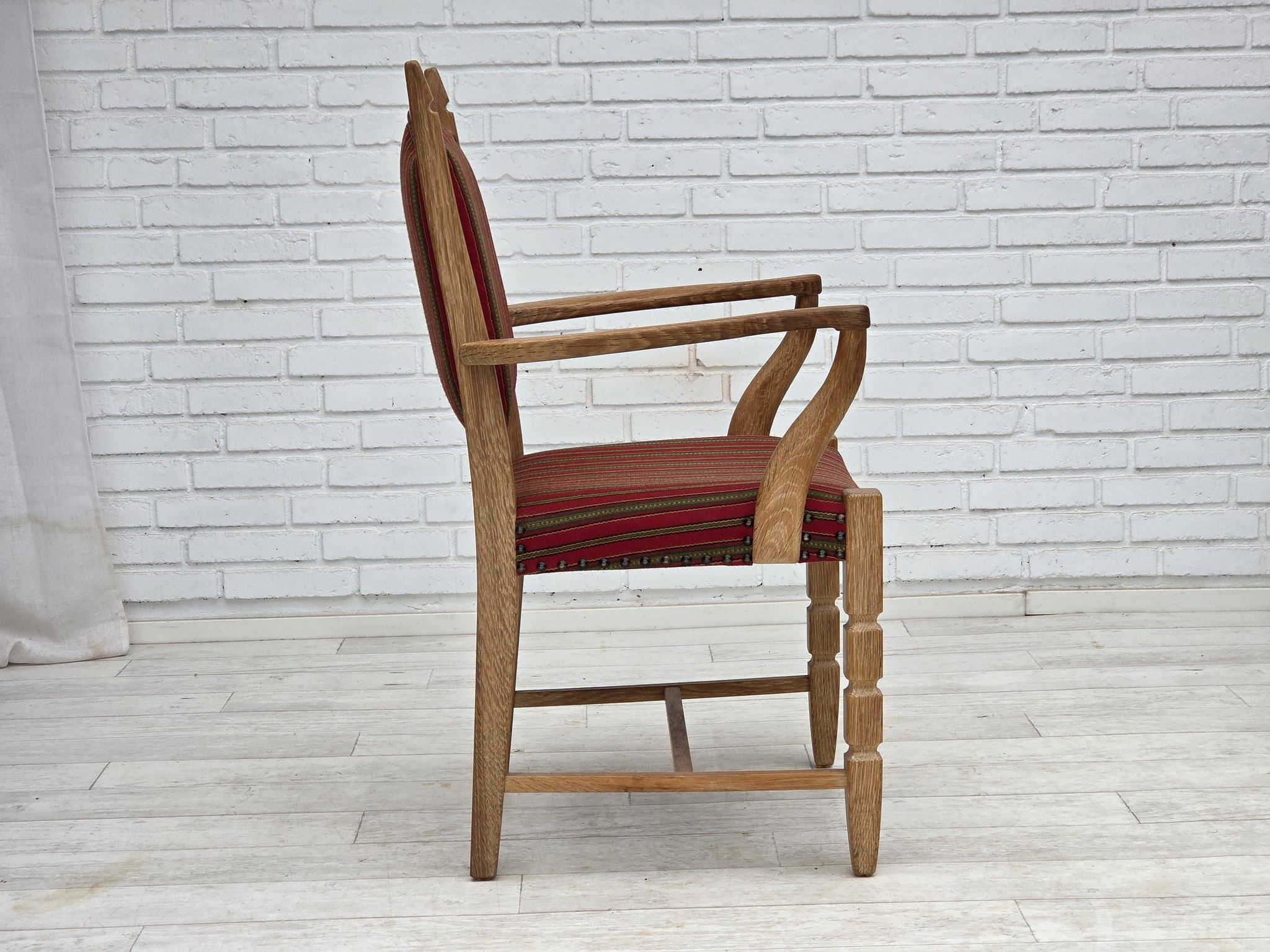 1970s, Danish armchair, striped red furniture wool, solid oak wood.