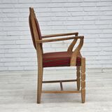 1970s, Danish armchair, striped red furniture wool, solid oak wood.