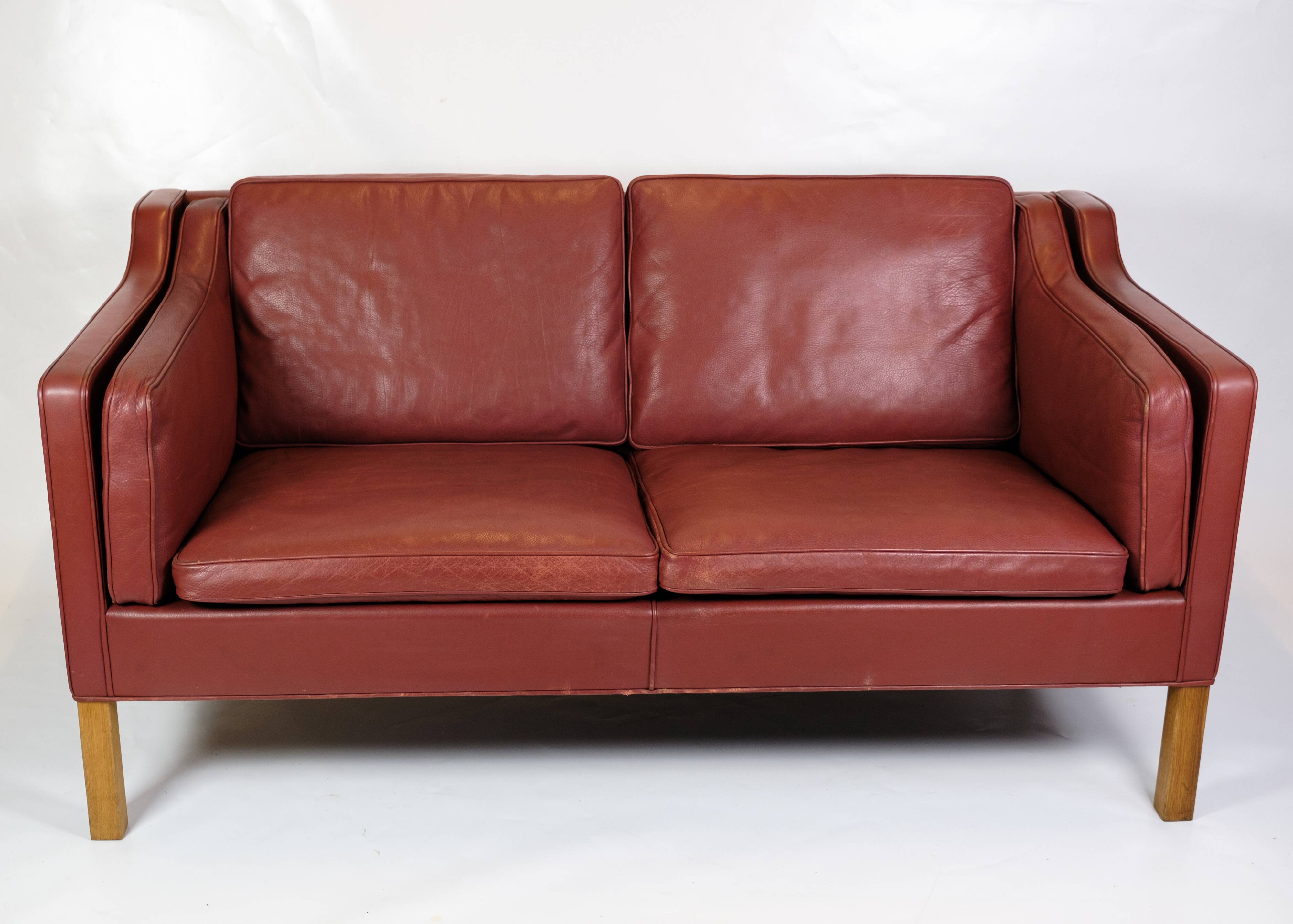 2 . Person Sofa Model 2212 Made In Red Leather & Oak Frame By Børge Mogensen From 1960s