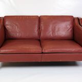 2 . Person Sofa Model 2212 Made In Red Leather & Oak Frame By Børge Mogensen From 1960s